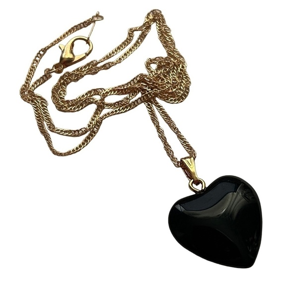 3-D Black Hearted Heart of Glass Pendant Necklace Waterfall Gold Plate Chain - Picture 3 of 9